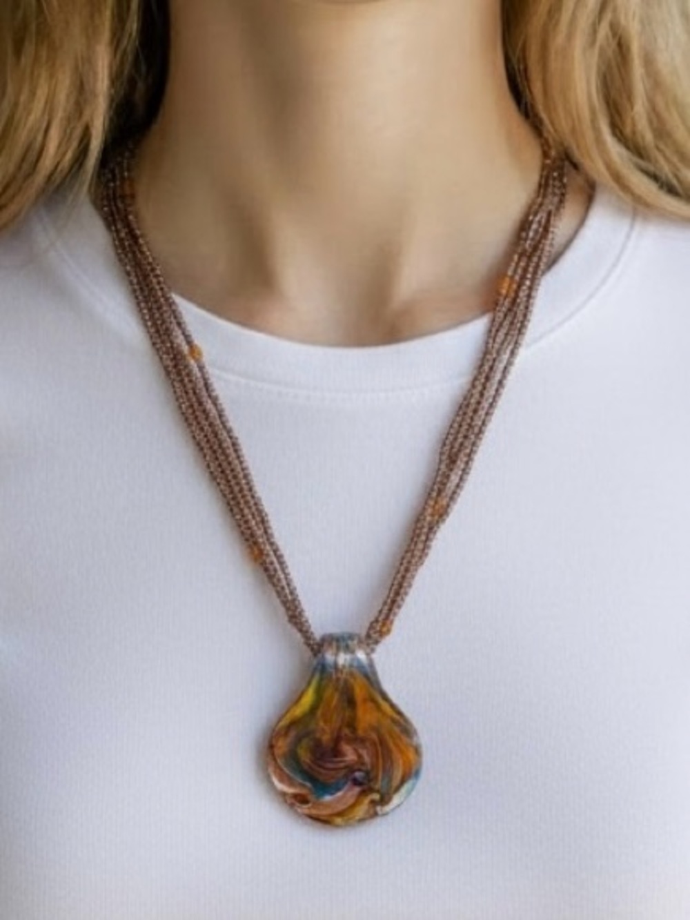 Vintage Murano Brown Swirl Pendant Necklace with Multi-Strand Cord